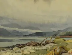A lakeside with snowy hills in the distance by Jack Merriott, watercolour, offered Jul 2024