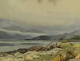 A lakeside with snowy hills in the distance by Jack Merriott, watercolour, offered Jul 2024