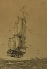 A masted vessel at sea by Rowland Langmaid, etching, offered Jul 2024
