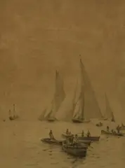 Britannia, Shamrock, and Cambria in The Solent by Rowland Langmaid, etching, offered Jul 2024