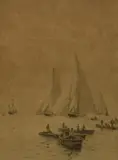 Britannia, Shamrock, and Cambria in The Solent by Rowland Langmaid, etching, offered Jul 2024