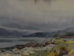 A lakeside with snowy hills in the distance by Jack Merriott, watercolour, offered Jun 2024