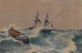 A maritime landscape with rowing boat and masted boat by E.L. Stuart, watercolour, offered Jun 2024