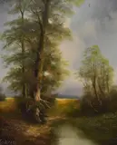 A woodland scene with stream to the centre by Wilhelm Koenig, oil on board, offered Jun 2024