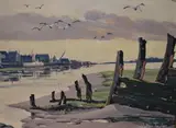 An industrial and coastal landscape with by Walter Taylor, oil on board, offered Jun 2024