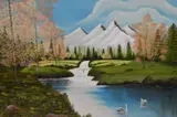 A picturesque landscape depicting an idyllic river with snowy by Tom T.', oil on board, offered Jun 2024