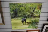 A horse in a field, initials to the lower right, SMW 2015, measuring 61cm x 61cm, unframed by Sue Wearing, oil on canvas, offered Jun 2024