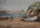 A coastal landscape with harbour wall in the by C.R. Young, watercolour, offered Jun 2024