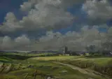 A countryside landscape with church and sea by Walter Pip Phillips, pastel, offered Jun 2024