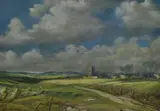 A countryside landscape with church and sea by Walter Pip Phillips, pastel, offered May 2024