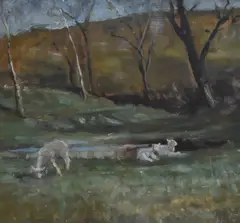 Lambs grazing in a countryside setting by Beatrice Willink, oil on board, offered May 2024