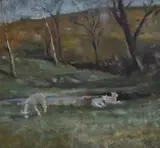 Lambs grazing in a countryside setting by Beatrice Willink, oil on board, offered May 2024