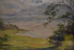 An estuary landscape with rolling hills in the by Robert Fowler, oil on canvas, offered May 2024