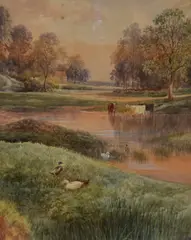 A pastoral landscape with watering cattle by J. Scott, watercolour, offered May 2024