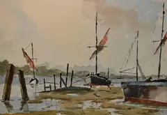 Moored boats by John Lewis, watercolour, offered May 2024