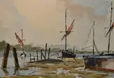 Moored boats by John Lewis, watercolour, offered May 2024
