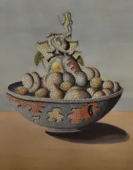 A surrealist illustration depicting a basket of by Gordon Davy, watercolour, offered Apr 2024