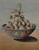 A surrealist illustration depicting a basket of by Gordon Davy, watercolour, offered Apr 2024