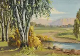 A vibrant landscape depicting trees to the left hand by W.A. Morrison, 1949, oil on board, offered Apr 2024