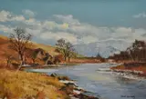 An autumnal Highland landscape with river to the centre by Derek Kennedy, oil on board, offered Apr 2024