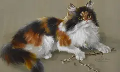 A calico cat portrait, framed and under glass, measuring 45cm x 60cm, & 60cm x 75cm overall by Edith A. Penn, watercolour and gouache, offered Apr 2024