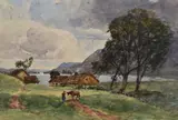 A farm stead with lake beyond by George Gray, watercolour, offered Apr 2024