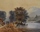 Figures on an autumnal lakeside path by F.H. Knowles, watercolour, offered Apr 2024