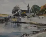 A harbour view with church in the by Alexander Adam, watercolour, offered Apr 2024