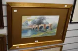 A stone arched bridge with fisherman below by T.W Harker, 1911, gouache, offered Mar 2024