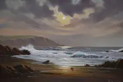 A coastal landscape at low light by Peter Cosslett, oil on canvas, sold Mar 2024