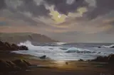 A coastal landscape at low light by Peter Cosslett, oil on canvas, sold Mar 2024