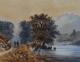 Figures on an autumnal lakeside path by F.H. Knowles, watercolour, offered Mar 2024