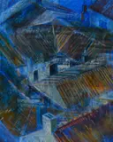 Roofs of La Rochelle, An abstract composition featuring rooftops, label verso, framed, mounted, and under glass, measuring 46cm x 60cm, & 68cm x 84cm overall by Pauline Clough, pastel, offered Mar 2024