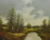 An atmospheric, wooded landscape with marsh or pond to the central foreground by Wilhelm Koenig, oil on board, offered Feb 2024