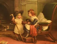 Title Unknown, A Victorian Interior scene depicting two young children and cat beside a fireplace by James William Cole, 1876, oil on canvas, sold Feb 2024