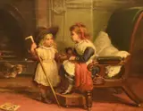 Title Unknown, A Victorian Interior scene depicting two young children and cat beside a fireplace by James William Cole, 1876, oil on canvas, sold Feb 2024
