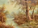 An autumnal woodland landscape with river to the by Irene Cafieri, oil on canvas, sold Feb 2024