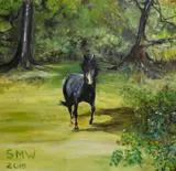 Cuba' and a scene depicting horse in field, both initialled 'SMW' to the lower left, the largest measures 61cm x 76cm (2) by Sue Wearing, acrylic on canvas, sold Feb 2024