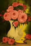 A still life arrangement depicting pink roses within a by Jonny J.', mixed media, offered Feb 2024