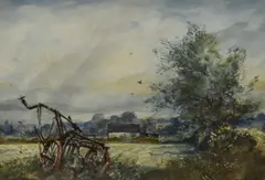 Agricultural scene with abandoned tiller by Cecil J Thornton, watercolour, offered Feb 2024