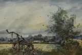 Agricultural scene with abandoned tiller by Cecil J Thornton, watercolour, offered Feb 2024