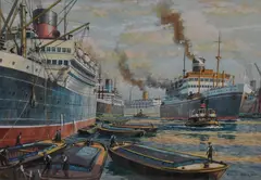 A harbour landscape with ocean liners by Will H. Maile, watercolour and gouache, sold Feb 2024