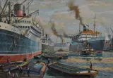 A harbour landscape with ocean liners by Will H. Maile, watercolour and gouache, sold Feb 2024