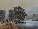 Figures on an autumnal lakeside path by F.H. Knowles, watercolour, offered Feb 2024