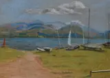 A lake landscape with yachts by C. Rogers, watercolor, offered Feb 2024