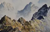 A mountain ridge, possibly The Cuillin in Skye, Scotland by Edward Grieg Hall, watercolour, sold Feb 2024