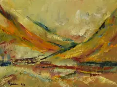 An abstract landscape depicting houses within a by Leslie Marr, oil on canvas, sold Jan 2024