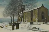 A hill top church in winter, vibrant colour and well painted by Ian Price, 1981, acrylic, sold Jan 2024