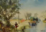 Boats By The Riverside by Jorge Aguilar-Agon, oil on canvas, sold Jan 2024