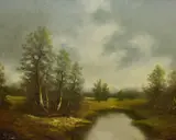 An atmospheric, wooded landscape with marsh or pond to the central foreground by Wilhelm Koenig, oil on board, offered Jan 2024